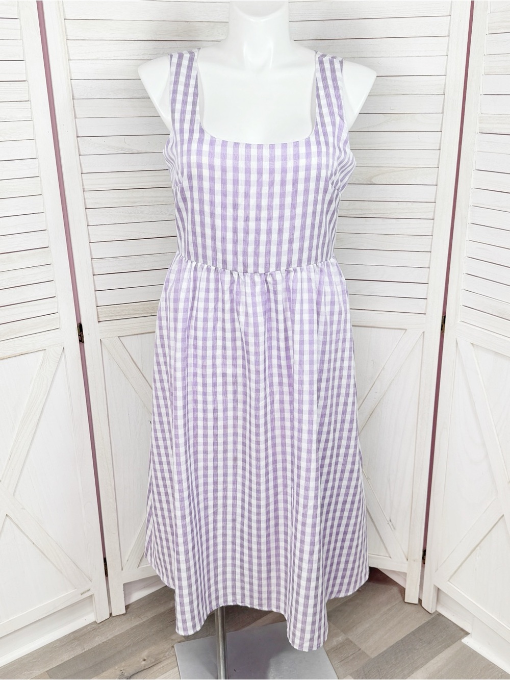 DKNY Gingham Check Square Neck Midi Dress Purple White 12 Cottagecore Sleeveless